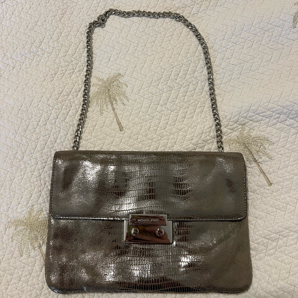 Michael Kors Sloan Metallic Gunmetal Silver Python Shoulder Bag/clutch
